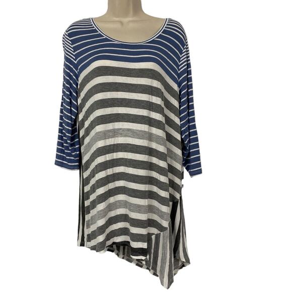 Dressbarn Sunday Tunic Top Womens 1X Asymmetric Blue Gray Stripe Stretch Knit - Picture 1 of 10